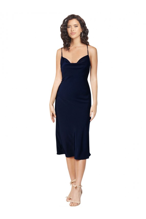 Cowl Neck Midi Length Silk like Satin Dark Navy Sleeveless Formal Evening Gown / Prom Dress / Bridesmaid Dress Darwin