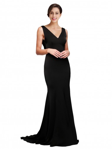 V-Neck Sweep Train Silk like Satin Black Sleeveless Formal Evening Gown / Prom Dress / Bridesmaid Dress Darwin