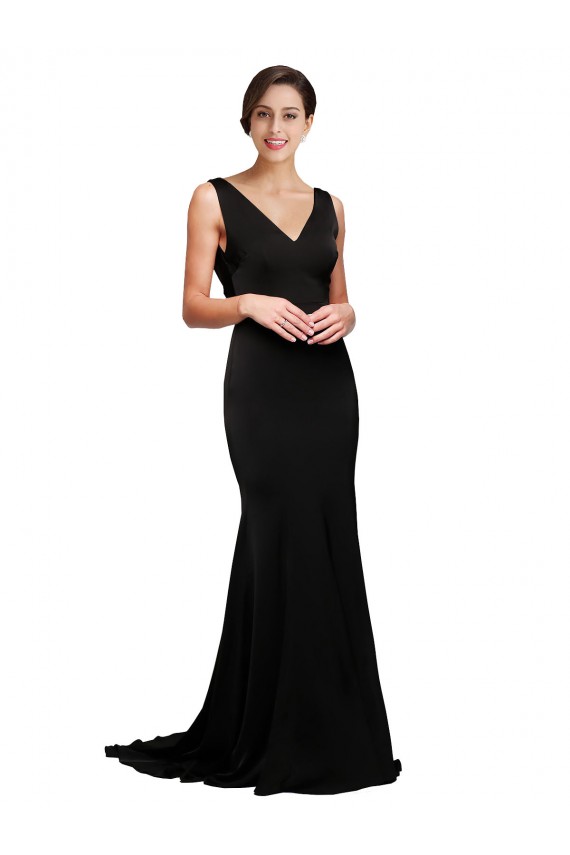 V-Neck Sweep Train Silk like Satin Black Sleeveless Formal Evening Gown / Prom Dress / Bridesmaid Dress Darwin