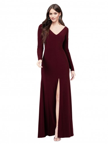 V-Neck Long Spandex Burgundy Gold Long Sleeves Prom Dress / Bridesmaid Dress Darwin
