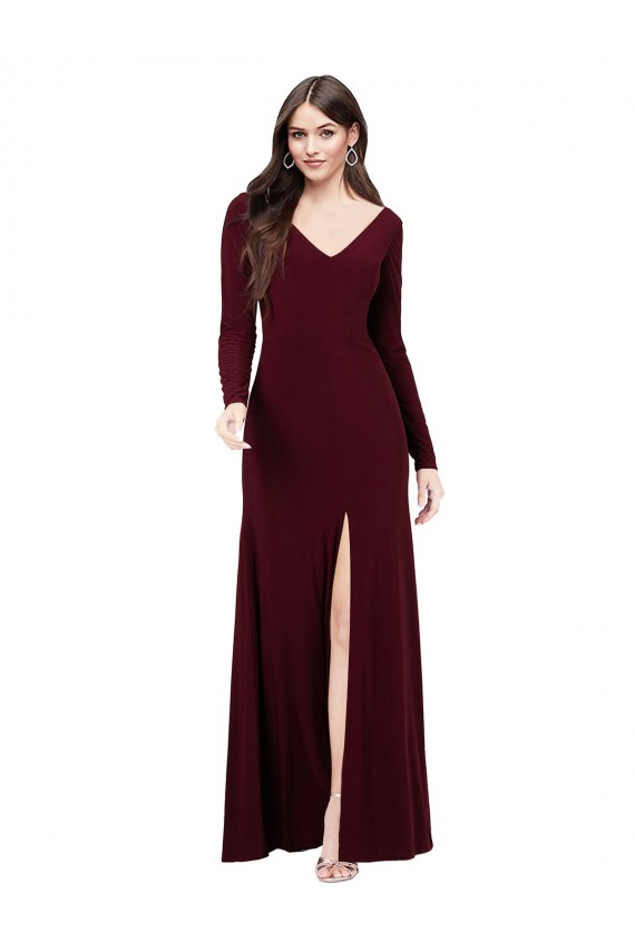 V-Neck Long Spandex Burgundy Gold Long Sleeves Prom Dress / Bridesmaid Dress Darwin