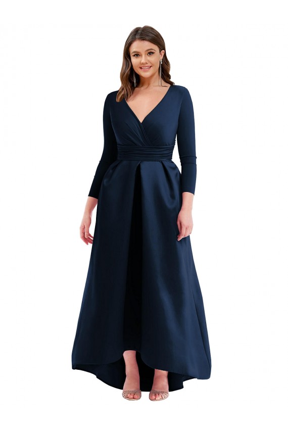 V-Neck Long Spandex Dark Navy Long Sleeves High Low Plus Size Evening Gown / Prom Dress / Bridesmaid Dress Darwin