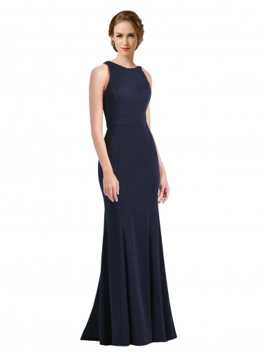 High Neck Long Stretch Crepe Dark Navy Sleeveless Black Tie Prom Dress / Bridesmaid Dress Darwin