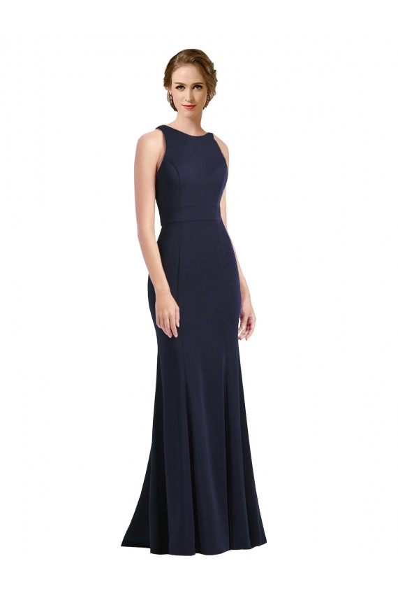 High Neck Long Stretch Crepe Dark Navy Sleeveless Black Tie Prom Dress / Bridesmaid Dress Darwin