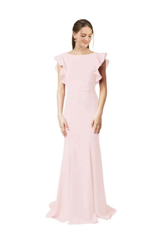 Jewel Neck Sweep Train Stretch Crepe Pink Ruffle Sleeves Black Tie Prom Dress / Bridesmaid Dress Darwin