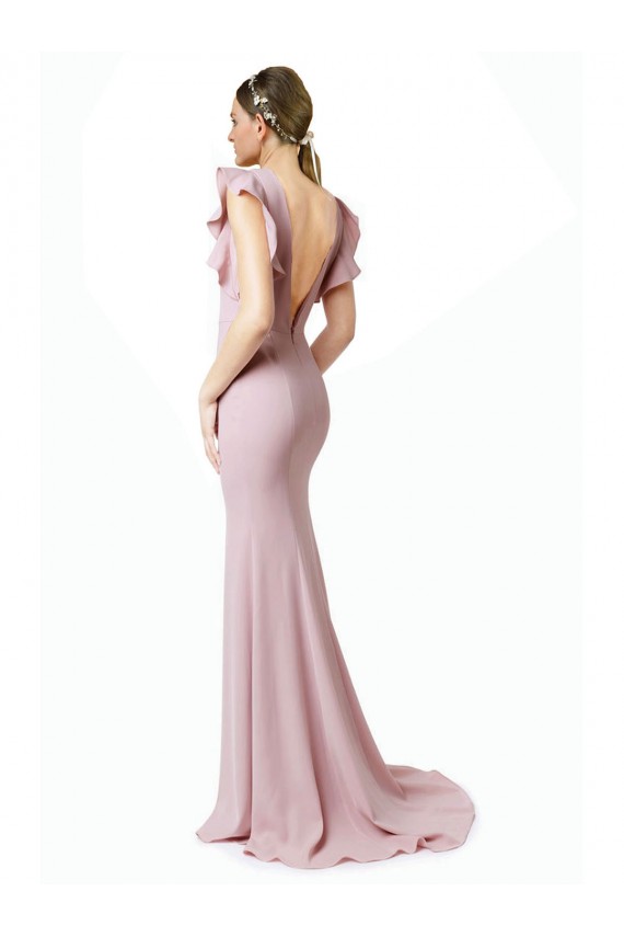 Jewel Neck Sweep Train Stretch Crepe Pink Ruffle Sleeves Black Tie Prom Dress / Bridesmaid Dress Darwin