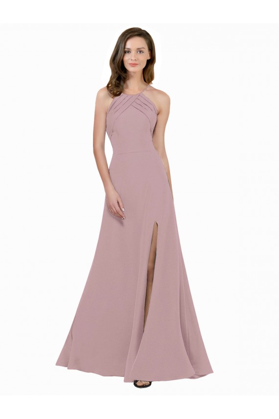 High Neck Long Stretch Crepe Dusty Pink A-Line Sleeveless Prom Dress / Bridesmaid Dress Darwin