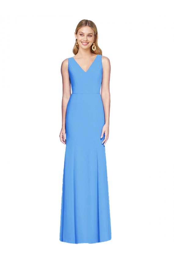 V-Neck Long Stretch Crepe Peacock Blue Sleeveless Semi Formal Evening Dress / Prom Dress / Bridesmaid Dress Darwin