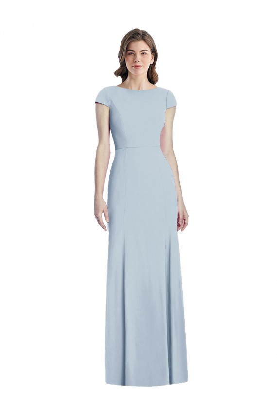 Bateau Neck Long Stretch Crepe Light Sky Blue Cap Sleeves Formal Dress / Bridesmaid Dress Darwin