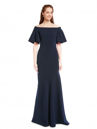 Off the Shoulder Long Stretch Crepe Dark Navy Short Sleeves Bridesmaid Dress / Formal Dress Darwin