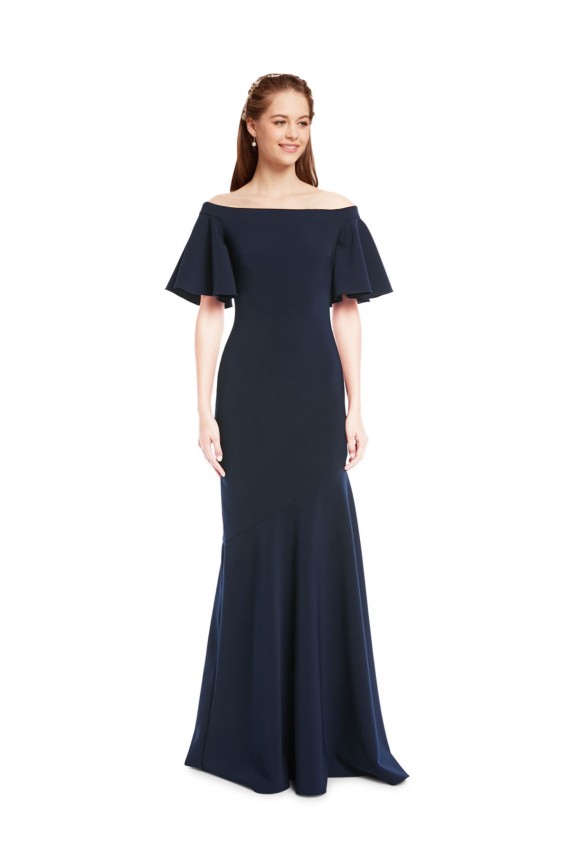 Off the Shoulder Long Stretch Crepe Dark Navy Short Sleeves Bridesmaid Dress / Formal Dress Darwin