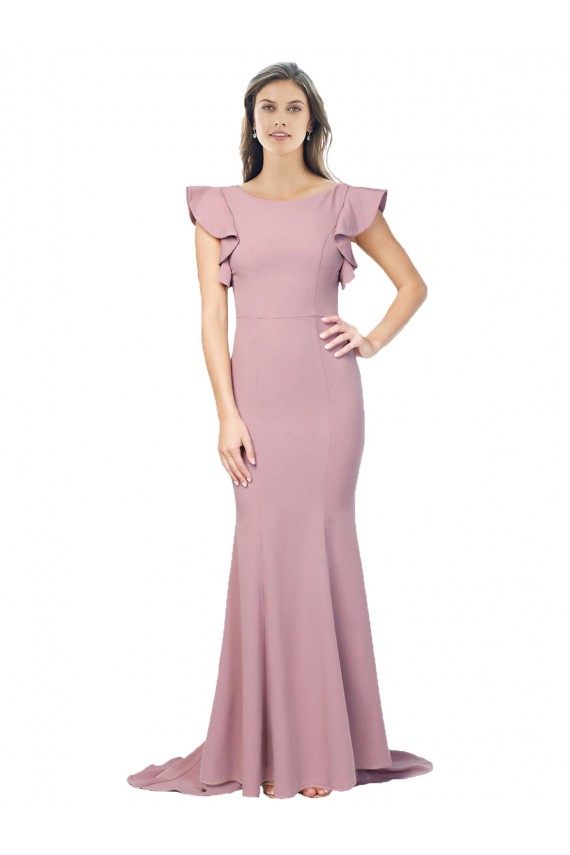 Round Neck Sweep Train Stretch Crepe Dusty Pink Flutter Sleeves Formal Evening Gown / Prom Dress / Bridesmaid Dress Darwin