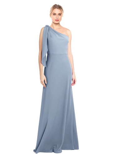 One Shoulder Long Stretch Crepe Smoke Blue Flutter Sleeves Formal Dress / Bridesmaid Dress Darwin