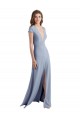 High Neck Long Stretch Crepe Smoke Blue Cap Sleeves Prom Dress / Bridesmaid Dress Darwin