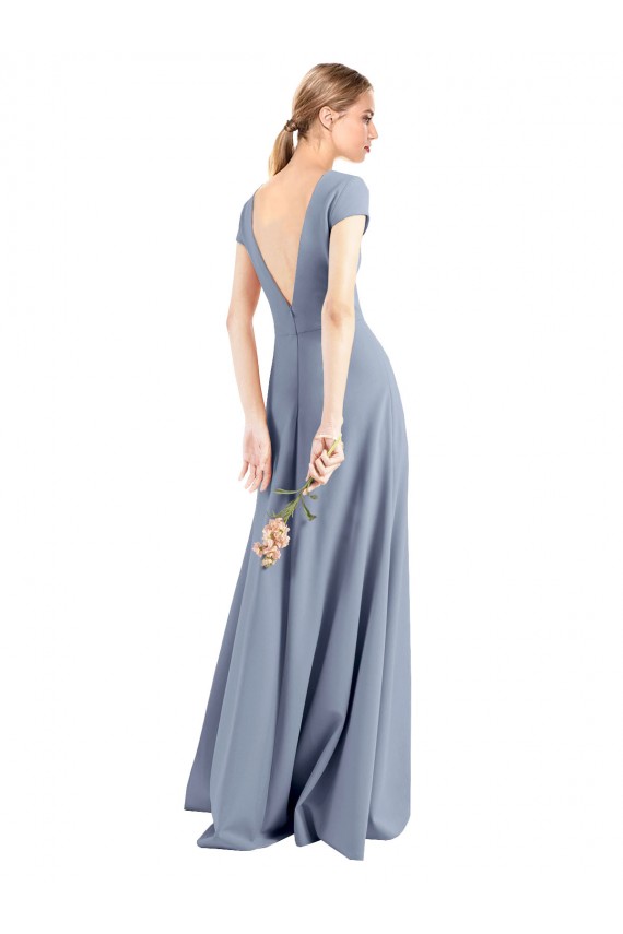 High Neck Long Stretch Crepe Smoke Blue Cap Sleeves Prom Dress / Bridesmaid Dress Darwin