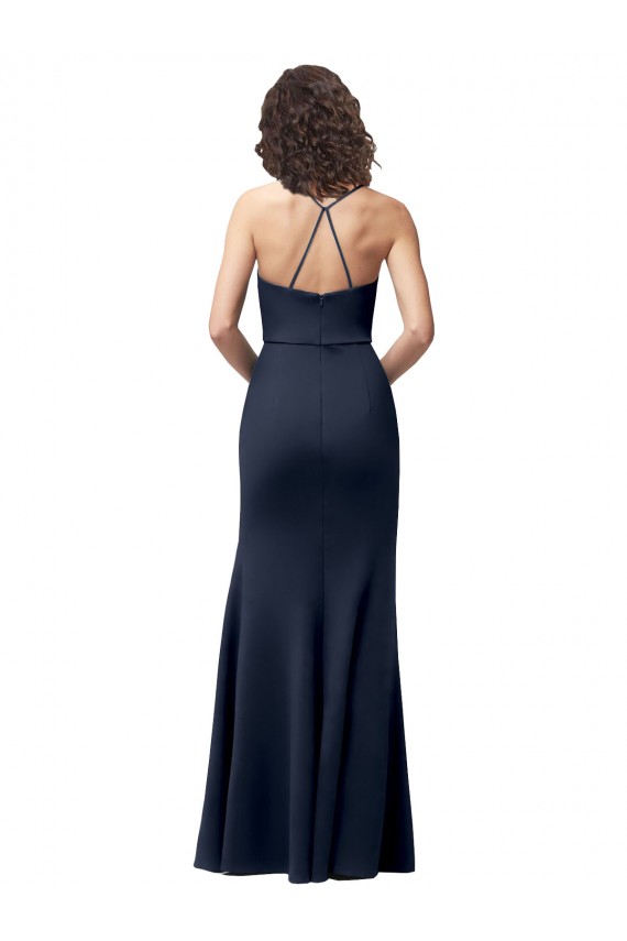 High Neck Long Stretch Crepe Dark Navy Sheath Sleeveless Formal Evening Gown / Prom Dress / Bridesmaid Dress Darwin