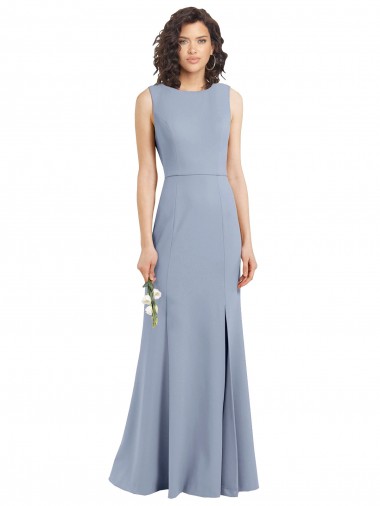 High Neck Long Stretch Crepe Smoke Blue Sleeveless Bridesmaid Dress Darwin