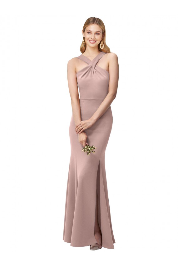 High Neck Long Stretch Crepe Dusty Pink Sheath Sleeveless Prom Dress / Bridesmaid Dress Darwin