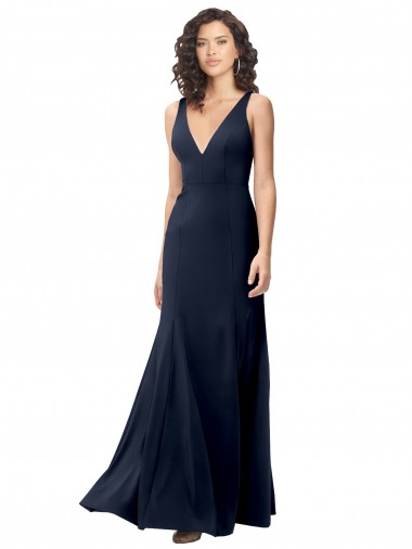 High Neck Long Stretch Crepe Dark Navy V-Neck Sleeveless Formal Dress / Bridesmaid Dress Darwin