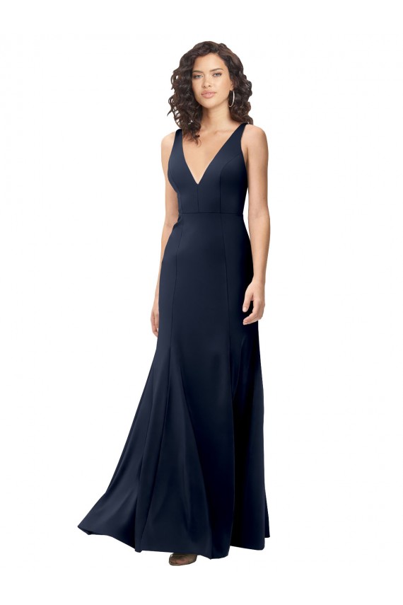 High Neck Long Stretch Crepe Dark Navy V-Neck Sleeveless Formal Dress / Bridesmaid Dress Darwin
