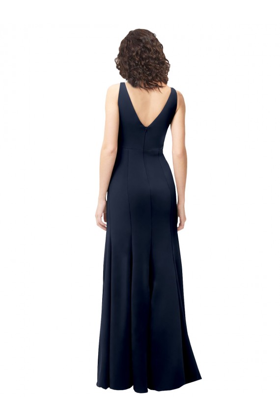 High Neck Long Stretch Crepe Dark Navy V-Neck Sleeveless Formal Dress / Bridesmaid Dress Darwin