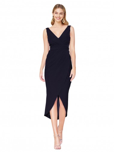 High Neck Knee Length Stretch Crepe Dark Navy Sleeveless High Low Evening Gown / Prom Dress / Bridesmaid Dress Darwin