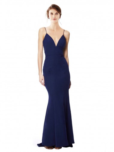 High Neck Long Stretch Crepe Navy Blue Sleeveless Formal Dress / Bridesmaid Dress Darwin