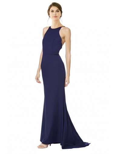High Neck Long Stretch Crepe Navy Blue Sleeveless Formal Evening Gown / Prom Dress / Bridesmaid Dress Darwin