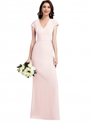 V-Neck Long Stretch Crepe Pink Cap Sleeves Formal Evening Gown / Prom Dress / Bridesmaid Dress Darwin