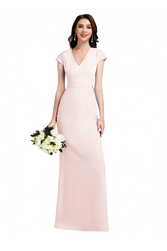 V-Neck Long Stretch Crepe Pink Cap Sleeves Formal Evening Gown / Prom Dress / Bridesmaid Dress Darwin