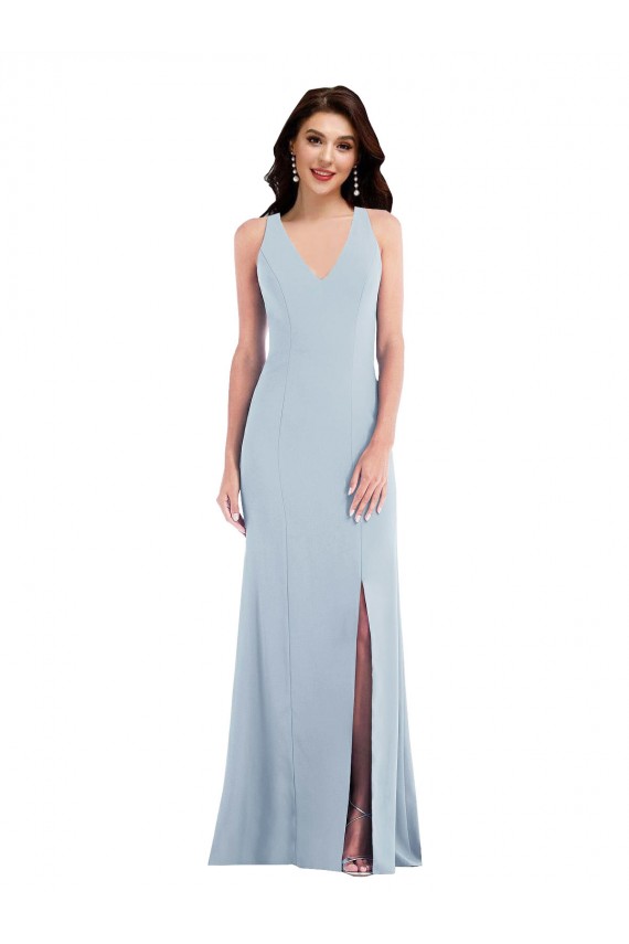 V-Neck Long Stretch Crepe Light Sky Blue Sleeveless Evening Dress / Bridesmaid Dress Darwin