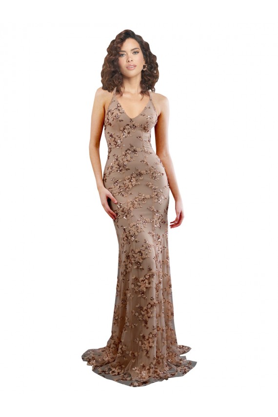 High Neck Long Stretch Crepe & Sequin Tulle Rose Gold Sleeveless Formal Evening Gown / Prom Dress / Bridesmaid Dress Darwin