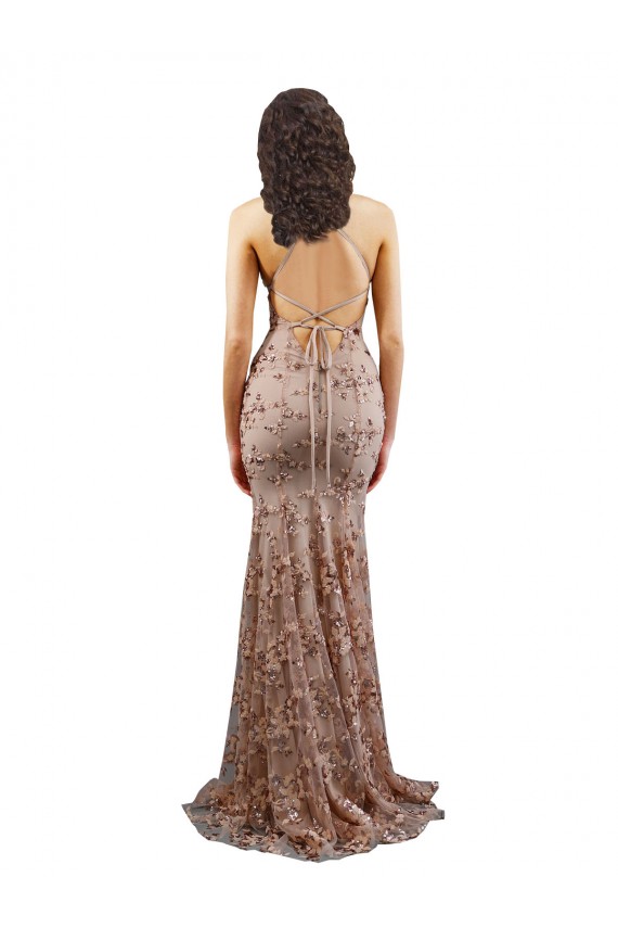 High Neck Long Stretch Crepe & Sequin Tulle Rose Gold Sleeveless Formal Evening Gown / Prom Dress / Bridesmaid Dress Darwin