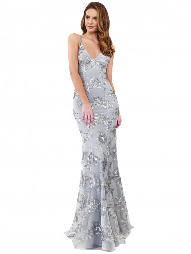 High Neck Long Stretch Crepe & Sequin Tulle Silver Sleeveless Formal Evening Gown / Prom Dress / Bridesmaid Dress Darwin