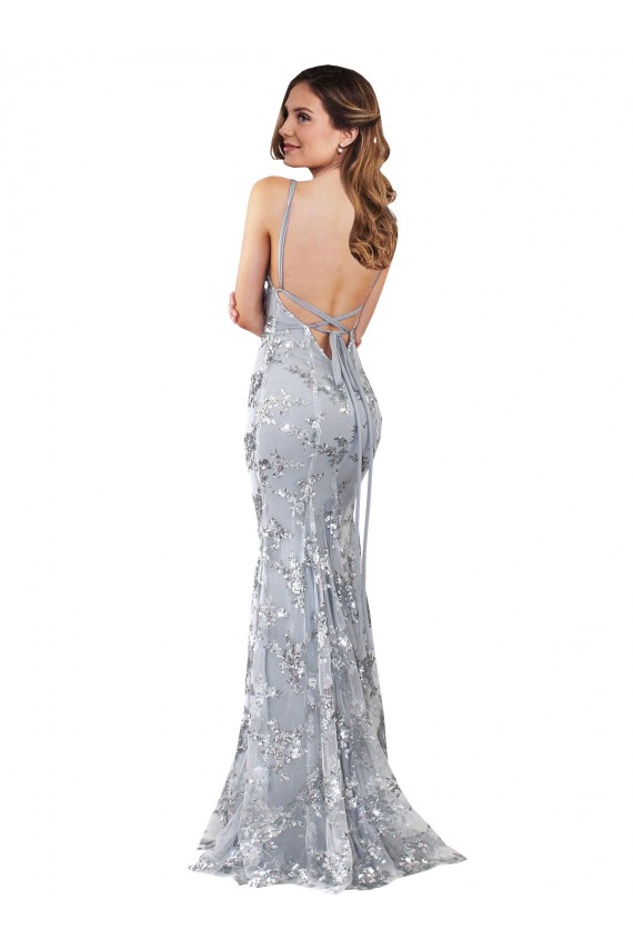 High Neck Long Stretch Crepe & Sequin Tulle Silver Sleeveless Formal Evening Gown / Prom Dress / Bridesmaid Dress Darwin