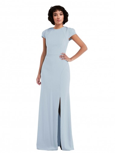Jewel Neck Long Stretch Crepe Light Sky Blue Cap Sleeves Semi Formal Evening Dress / Bridesmaid Dress Darwin