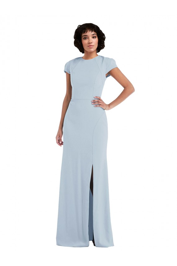 Jewel Neck Long Stretch Crepe Light Sky Blue Cap Sleeves Semi Formal Evening Dress / Bridesmaid Dress Darwin