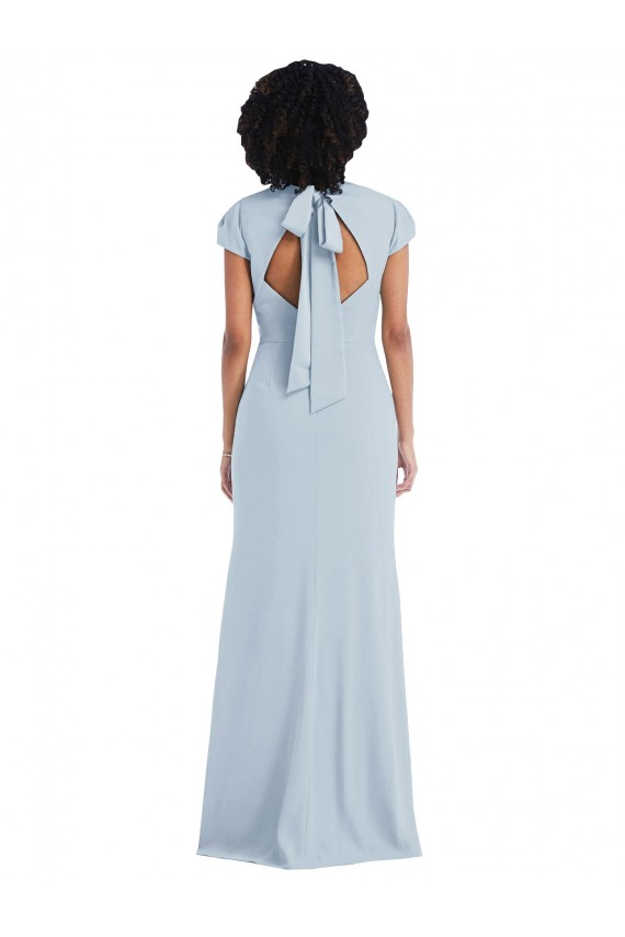 Jewel Neck Long Stretch Crepe Light Sky Blue Cap Sleeves Semi Formal Evening Dress / Bridesmaid Dress Darwin