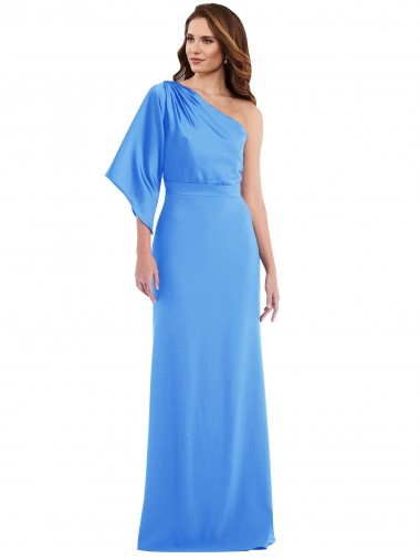 One Shoulder Long Stretch Crepe Peacock Blue Bell Sleeves Semi Formal Evening Dress / Prom Dress / Bridesmaid Dress Darwin