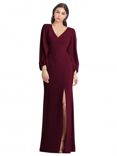 V-Neck Long Stretch Crepe Burgundy Gold Puff Sleeves Semi Formal Evening Dress / Prom Dress / Bridesmaid Dress Darwin