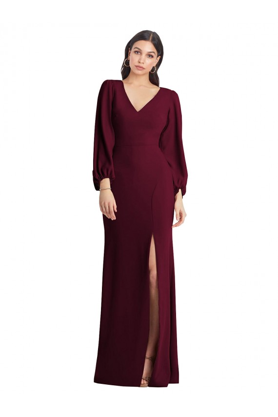 V-Neck Long Stretch Crepe Burgundy Gold Puff Sleeves Semi Formal Evening Dress / Prom Dress / Bridesmaid Dress Darwin