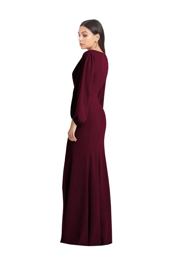 V-Neck Long Stretch Crepe Burgundy Gold Puff Sleeves Semi Formal Evening Dress / Prom Dress / Bridesmaid Dress Darwin
