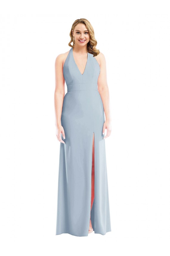 Halter Neck Long Stretch Crepe Light Sky Blue Sleeveless Bridesmaid Dress / Evening Dress Darwin