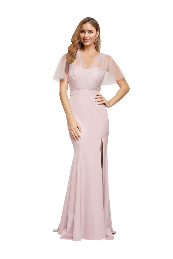 Sweetheart Long Stretch Crepe & Tulle Mauve Short Sleeves Formal Evening Gown / Prom Dress / Bridesmaid Dress Darwin