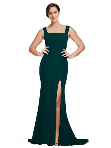 Square Neck Sweep Train Stretch Crepe Midnight Green Sleeveless Semi Formal Evening Dress / Prom Dress / Bridesmaid Dress Darwin
