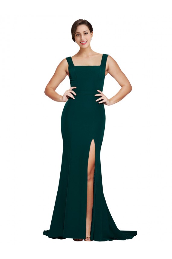 Square Neck Sweep Train Stretch Crepe Midnight Green Sleeveless Semi Formal Evening Dress / Prom Dress / Bridesmaid Dress Darwin