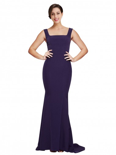 Square Neck Sweep Train Stretch Crepe Dark Navy Sleeveless Semi Formal Evening Dress / Prom Dress / Bridesmaid Dress Darwin