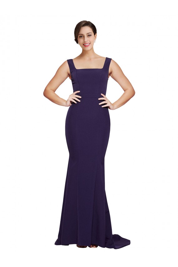 Square Neck Sweep Train Stretch Crepe Dark Navy Sleeveless Semi Formal Evening Dress / Prom Dress / Bridesmaid Dress Darwin
