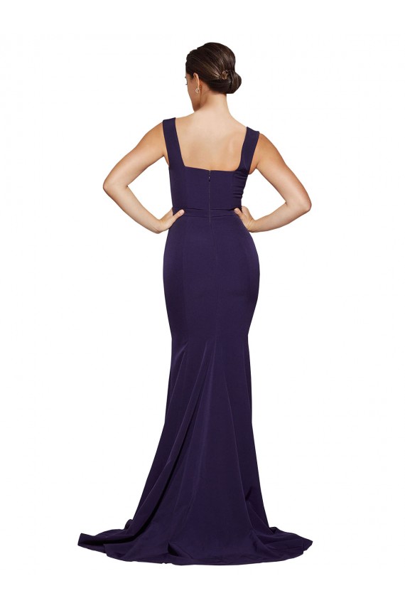 Square Neck Sweep Train Stretch Crepe Dark Navy Sleeveless Semi Formal Evening Dress / Prom Dress / Bridesmaid Dress Darwin