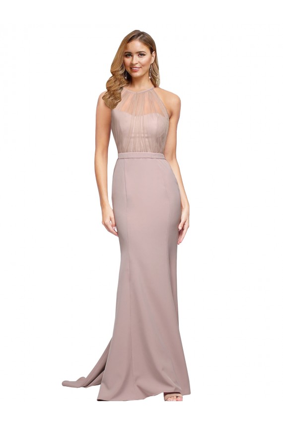 High Neck Sweep Train Stretch Crepe Dusty Pink Sheath Sleeveless Formal Evening Gown / Prom Dress / Bridesmaid Dress Darwin